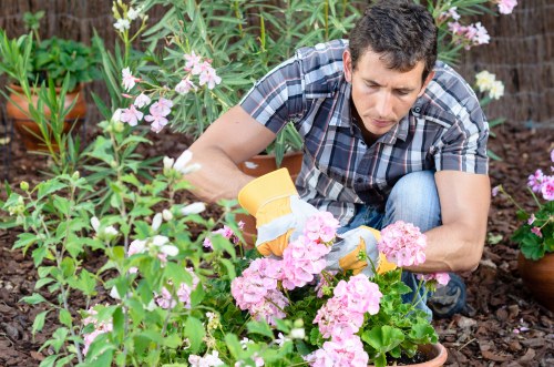 Professional gardener using protective gear during outdoor maintenance